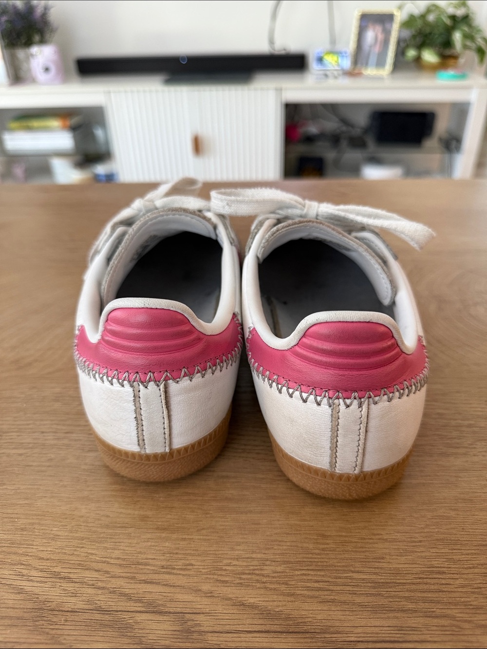 adidas White Sneakers with Pink Three-Stripes and Gum Sole - Picture 2 of 4